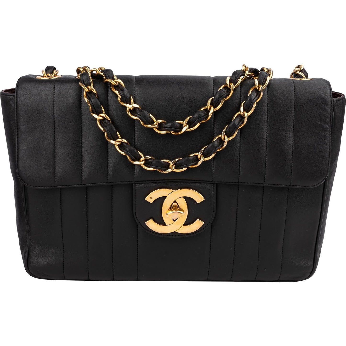 Chanel Vertical Quilted Lambskin 24K Gold Jumbo Single Flap Crossbody Bag