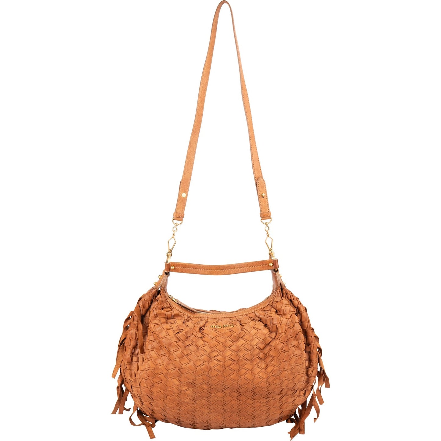 Miu Miu Woven Leather Fringe Hobo Shoulder Bag