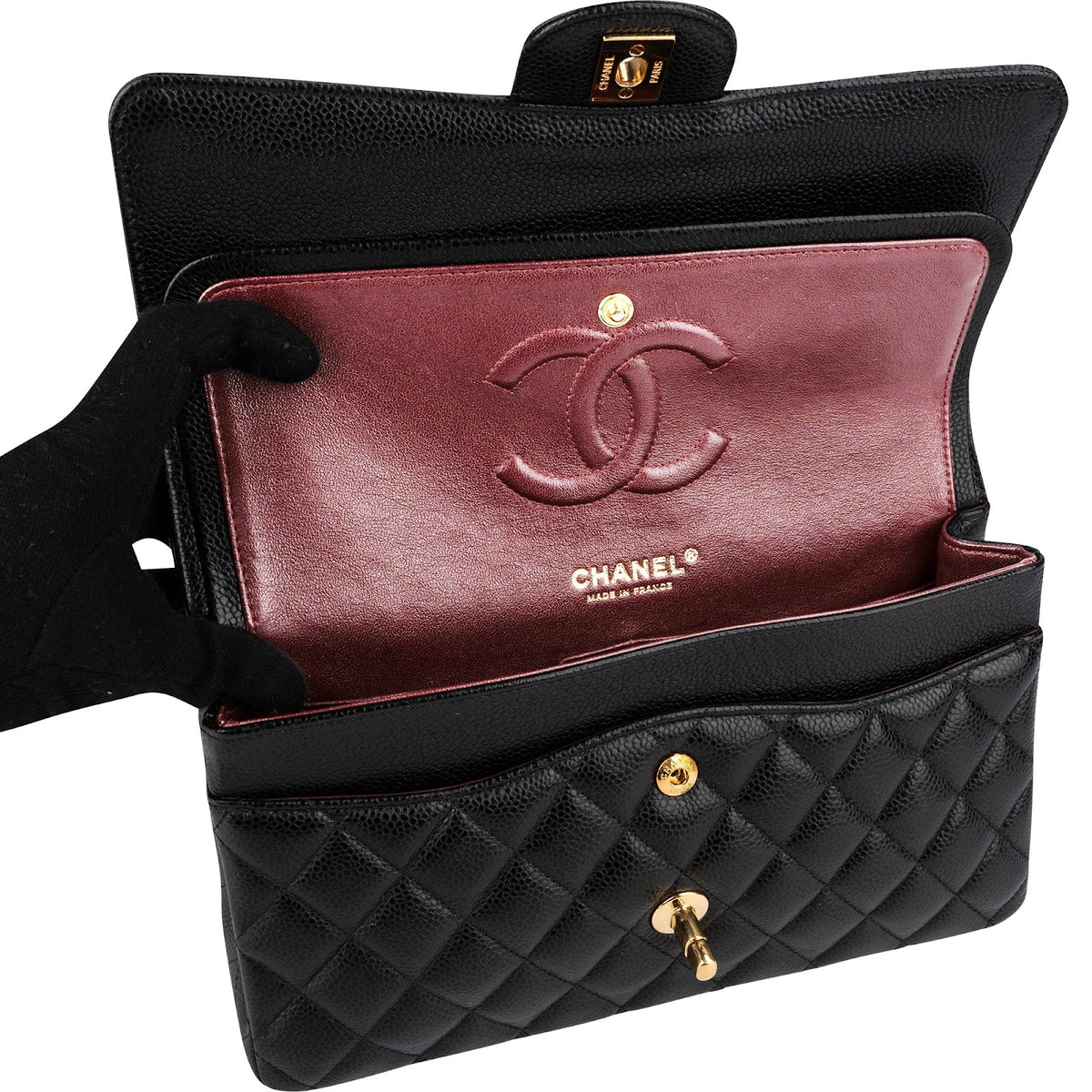 Chanel Quilted Caviar Leather Gold Medium Double Flap Crossbody Bag