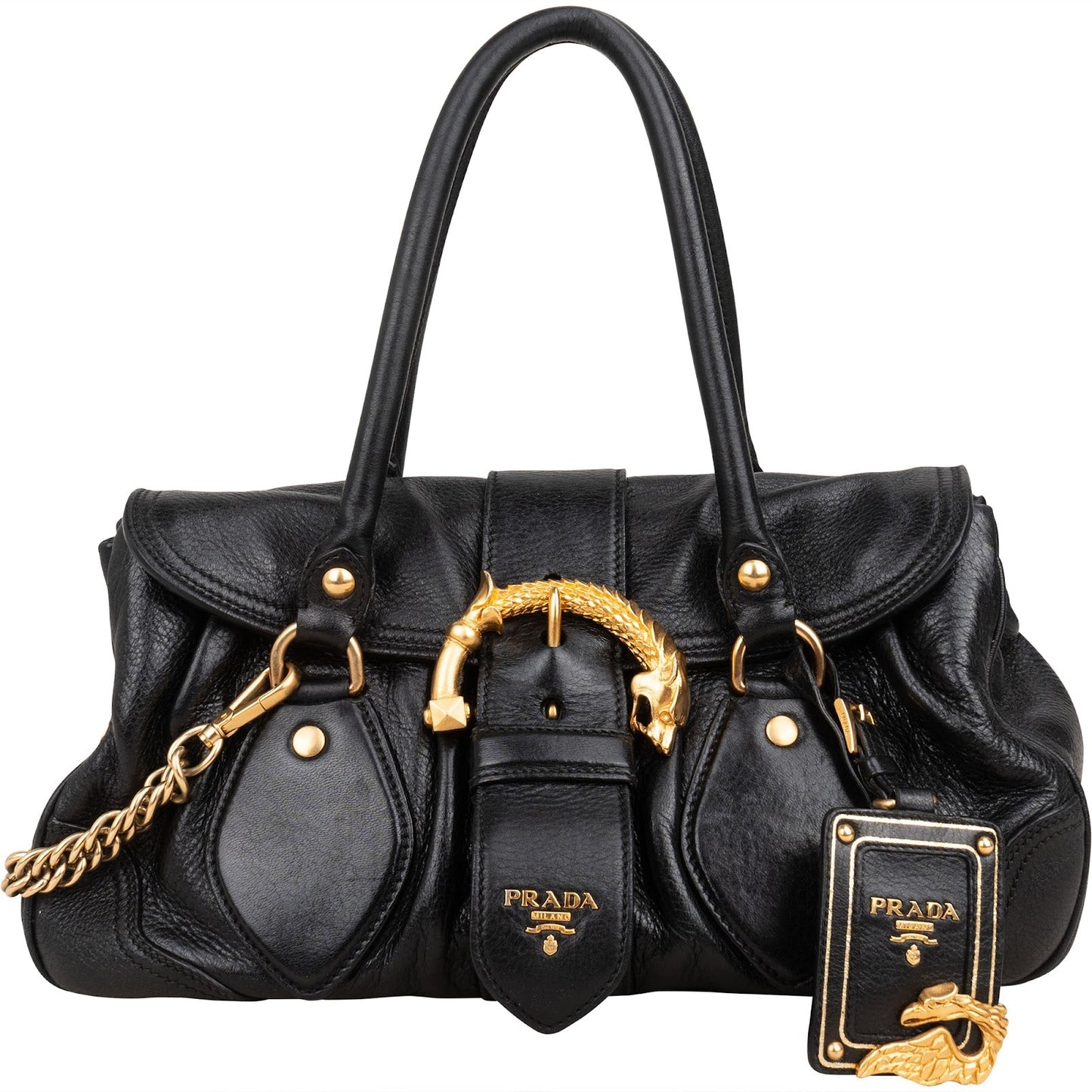 Prada Black Leather Cervo Lux Dragon Satchel Handbag