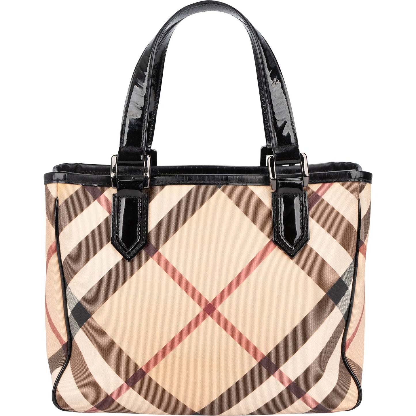 Burberry Nova-Check Monogram Patent Leather Small Tote Handbag
