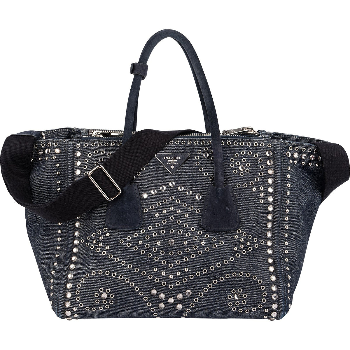 Prada Shopper aus perforiertem Denim mit Nieten – Vorderansicht