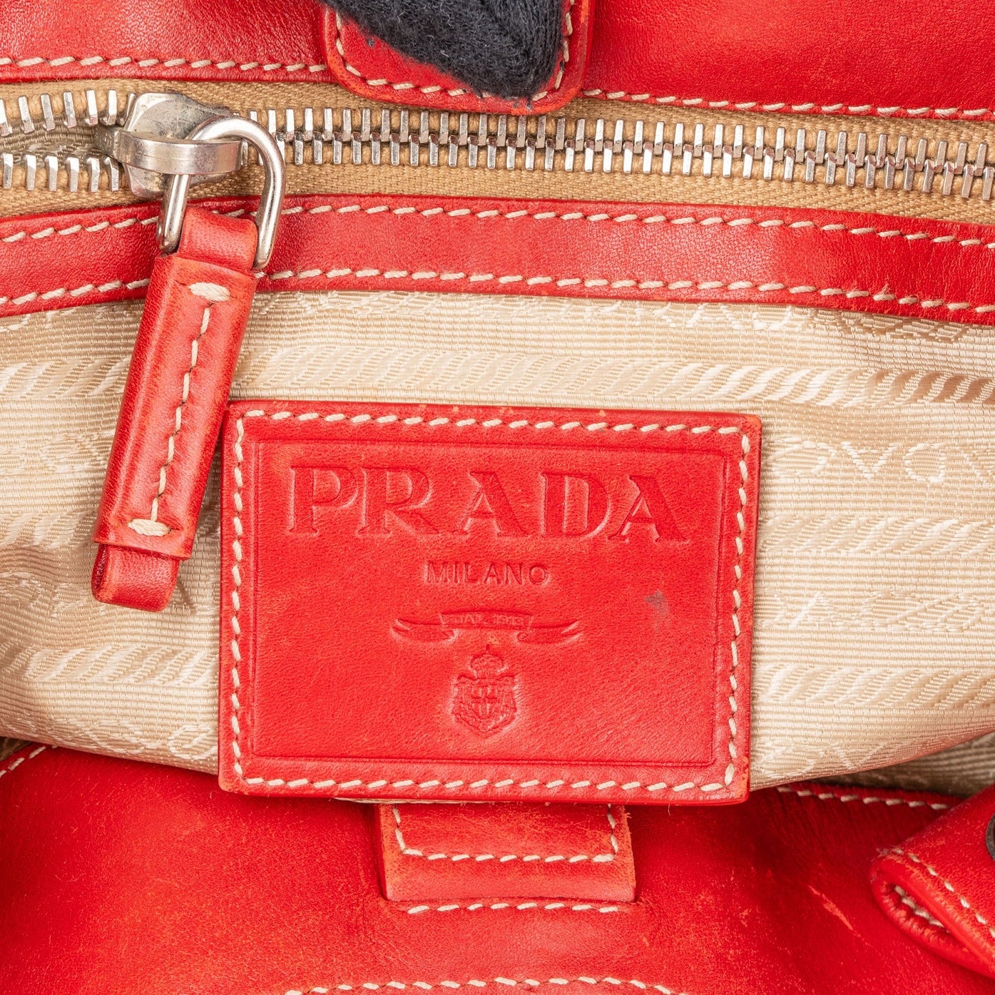 Prada Canvas Emblem Side Drawstring Pocket Shoulder Bag