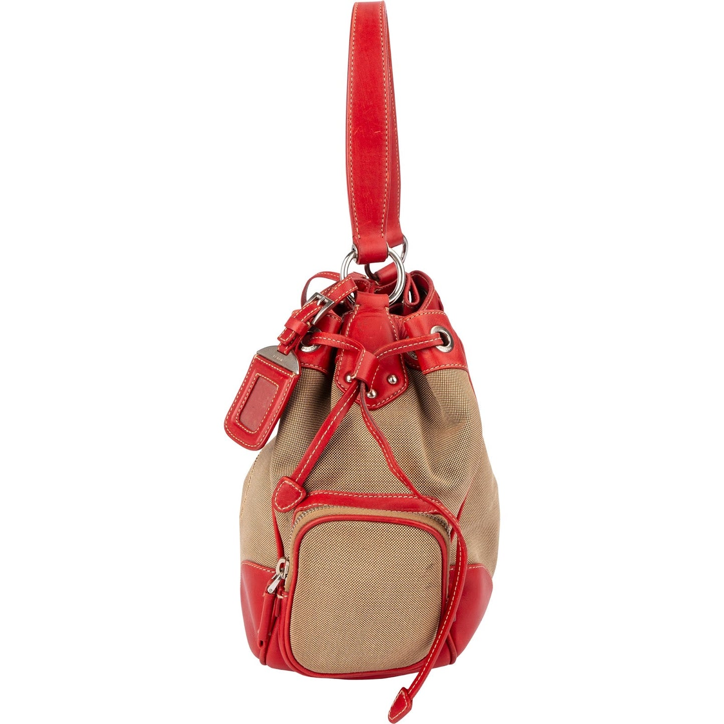 Prada Canvas Emblem Side Drawstring Pocket Shoulder Bag