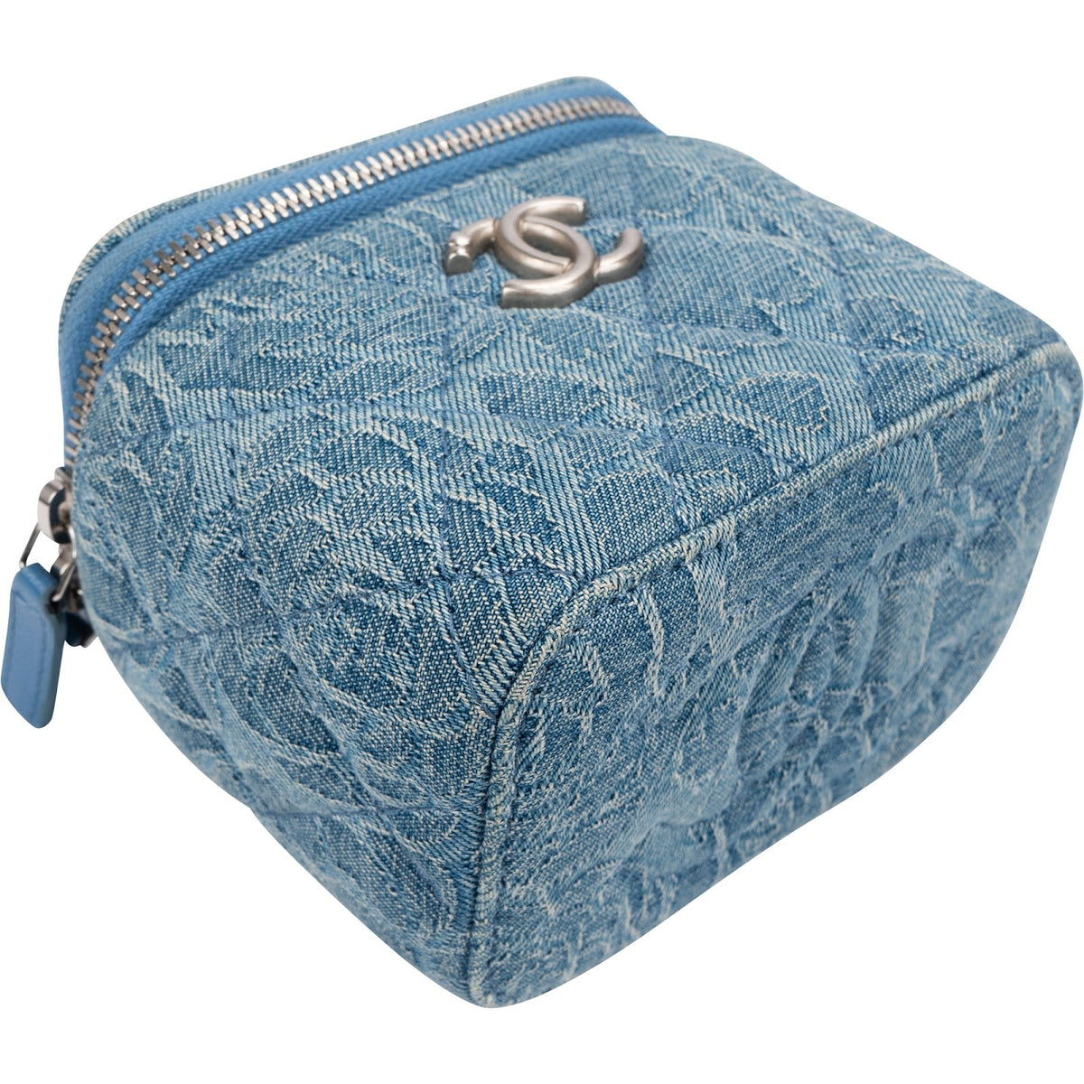 Chanel Quilted Denim Camellia Monogram Adjustable Mini Vanity Case Crossbody Bag