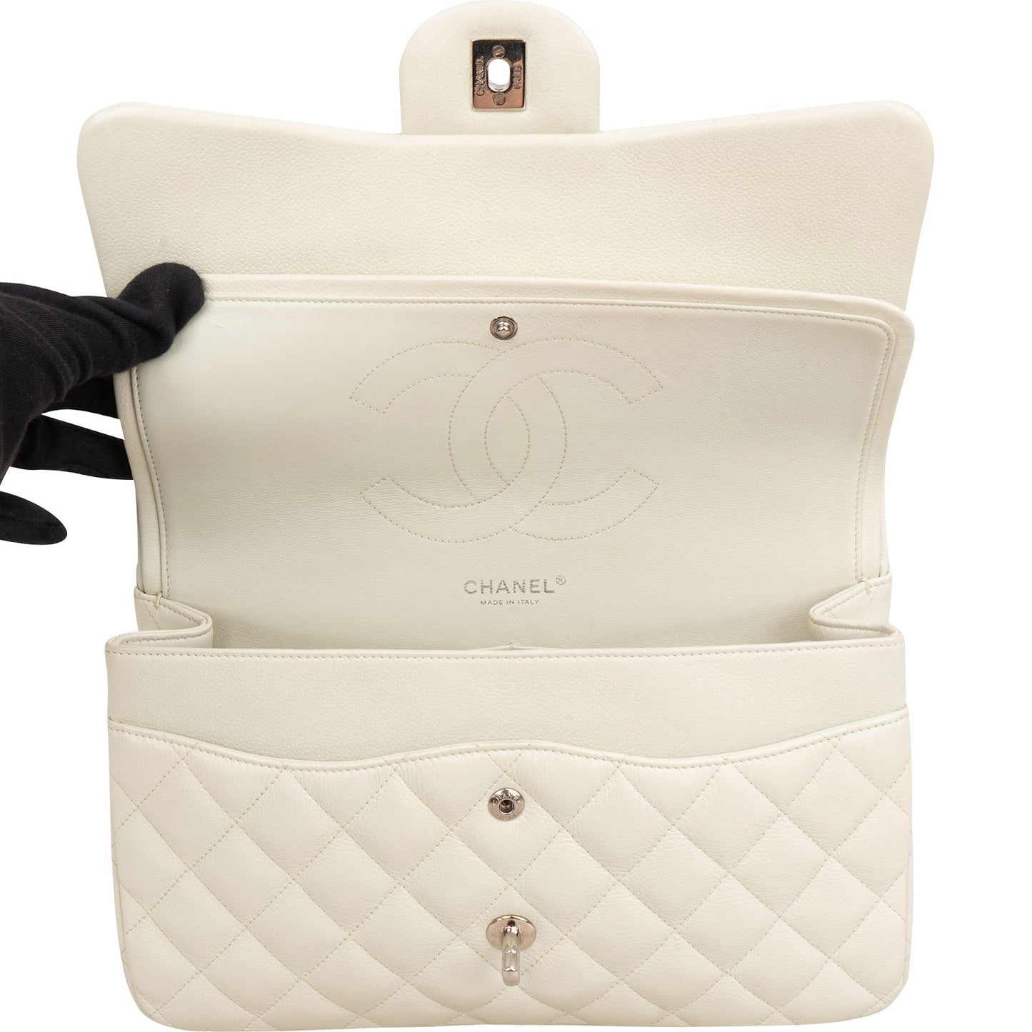 Chanel Quilted Caviar Leather Palladium Jumbo Double Flap Crossbody Bag