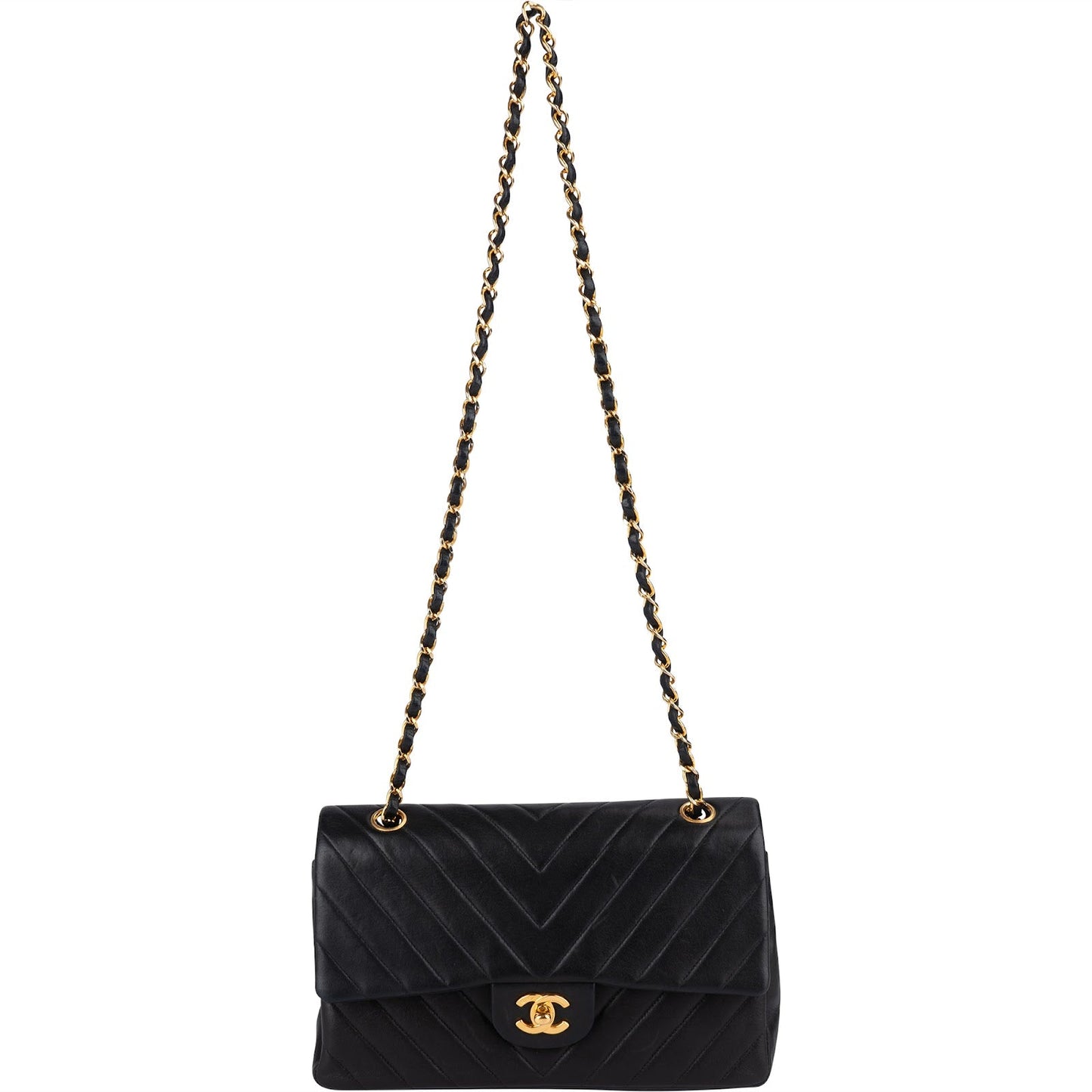 Chanel Quilted Lambskin Chevron Medium 24K Gold Double Flap Shoulder Bag