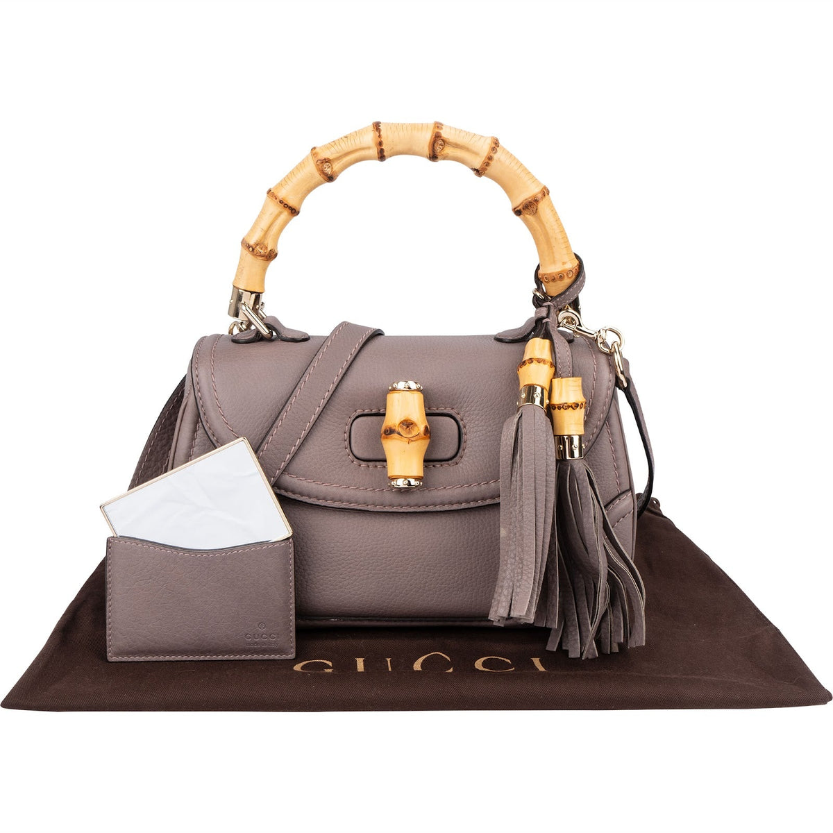 Gucci New Bamboo Top Handle aus fliederfarbenem genarbtem Leder – Ansicht 2