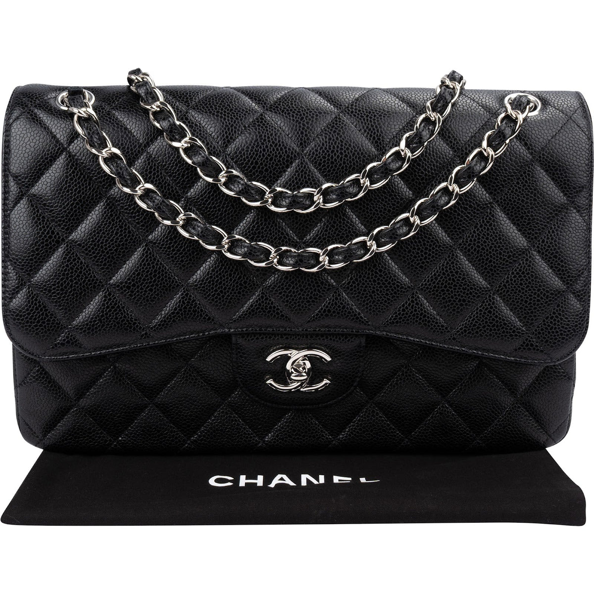 Chanel Quilted Caviar Leather Palladium Jumbo Double Flap Crossbody Bag