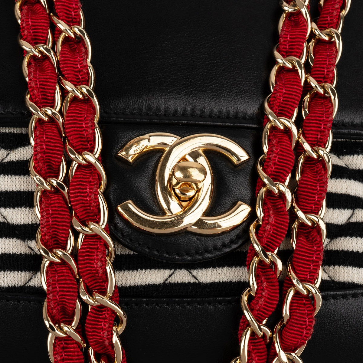 Chanel Striped Cotton Leather Single Flap Crossbody Bag