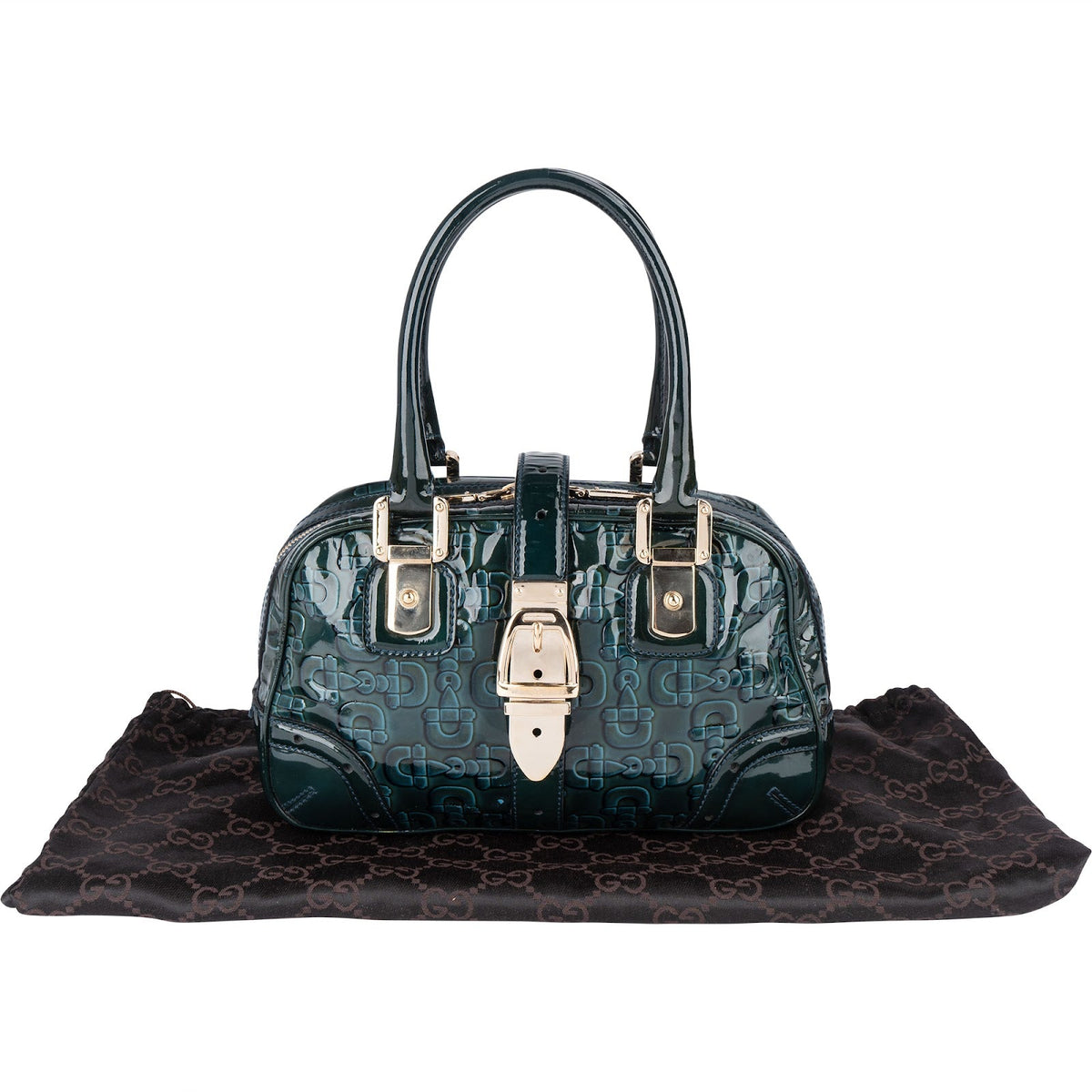 Gucci Monogram Patent Leather Horsebit Boston Handbag