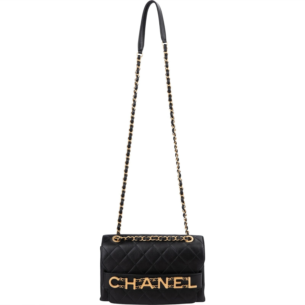 Chanel Quilted Lambskin Chain Spellout Letters Single Flap Crossbody Bag