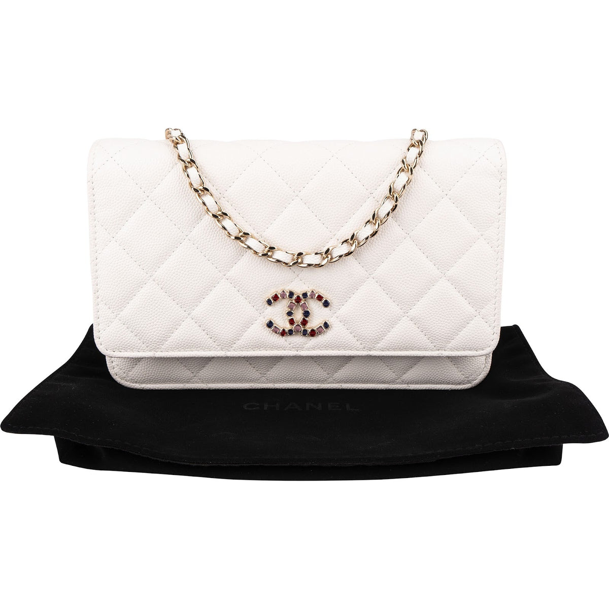 Chanel Wuilted Caviar Leather Jeweled CC Wallet On Chain Crossbody Bag