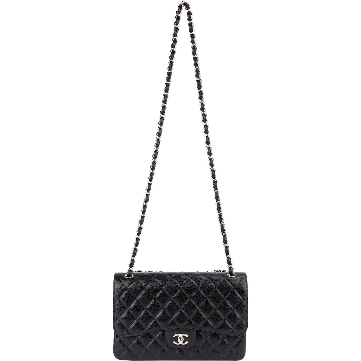 Chanel Quilted Caviar Leather Palladium Jumbo Double Flap Crossbody Bag