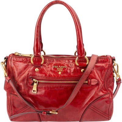Prada Red Vitello Lux Leather Bauletto Handbag
