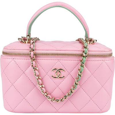 Chanel Pink Green Bicolor Quilted Lambskin Top Handle Vanity Case Crossbody Handbag
