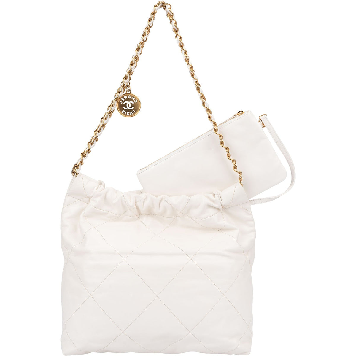 Chanel 22 White Quilted Lambskin Maxi Drawstring Shoulder Bag