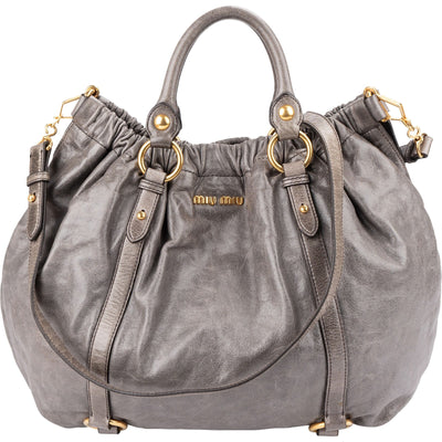 Miu Miu Vitello Lux Gathered Tote Handtasche in Grau