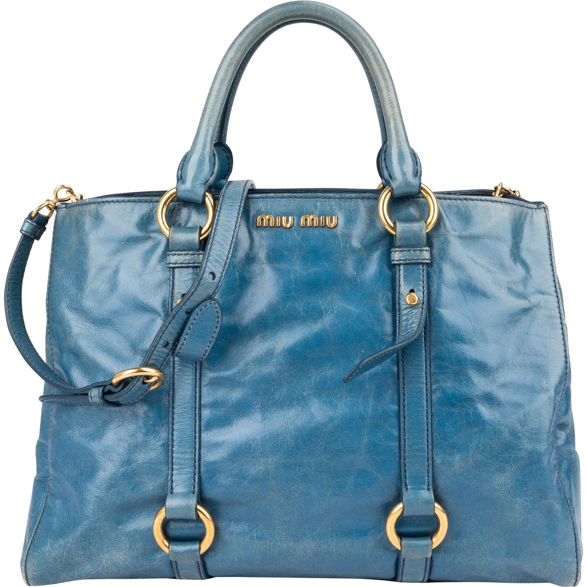 Miu Miu Blue Leather Vitello Lux Tote Handbag