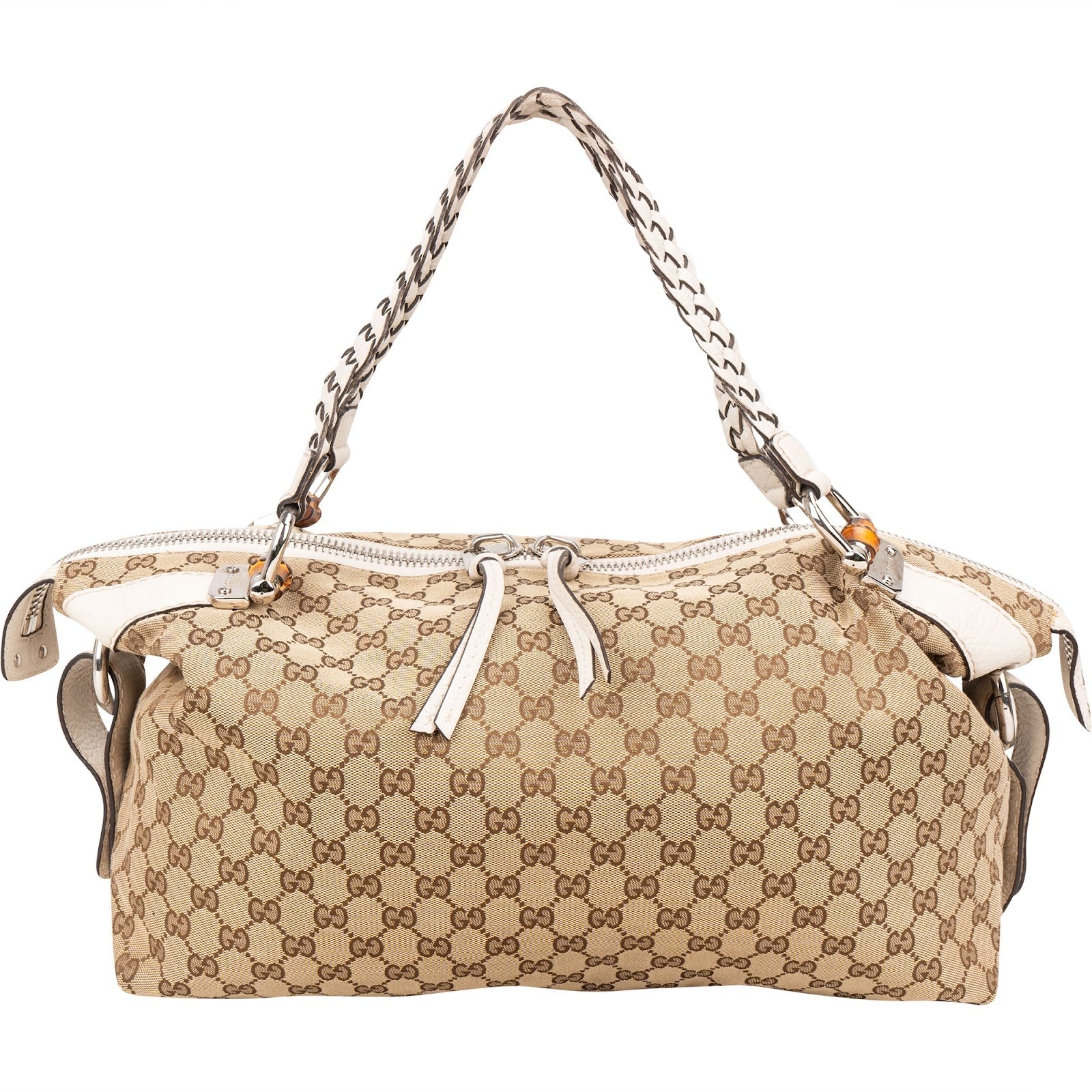 Gucci Monogram GG Heavy Braided Handle Bamboo Shoulder Bag