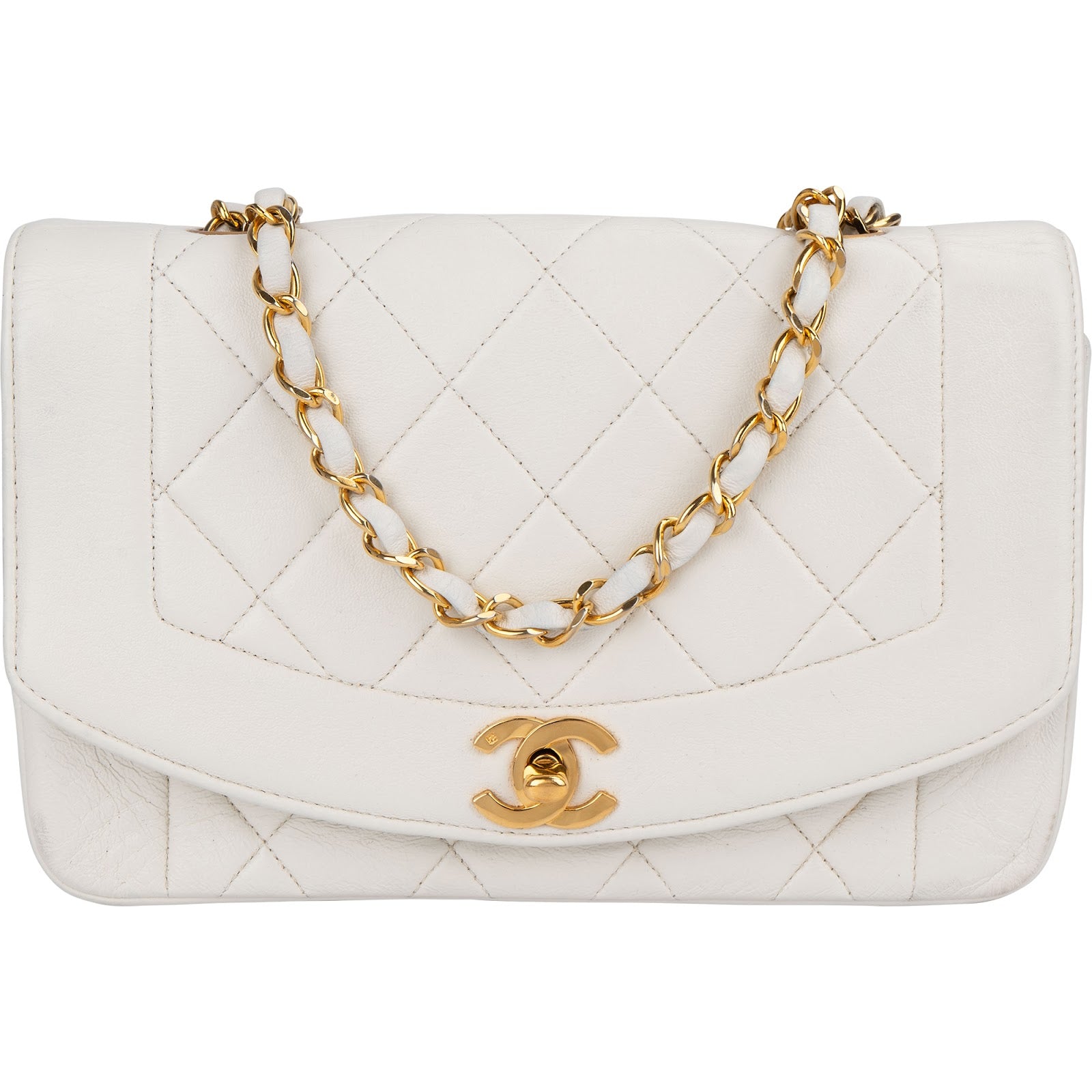 Chanel Quilted Lambskin 24K Gold Single Flap Diana Crossbody Bag