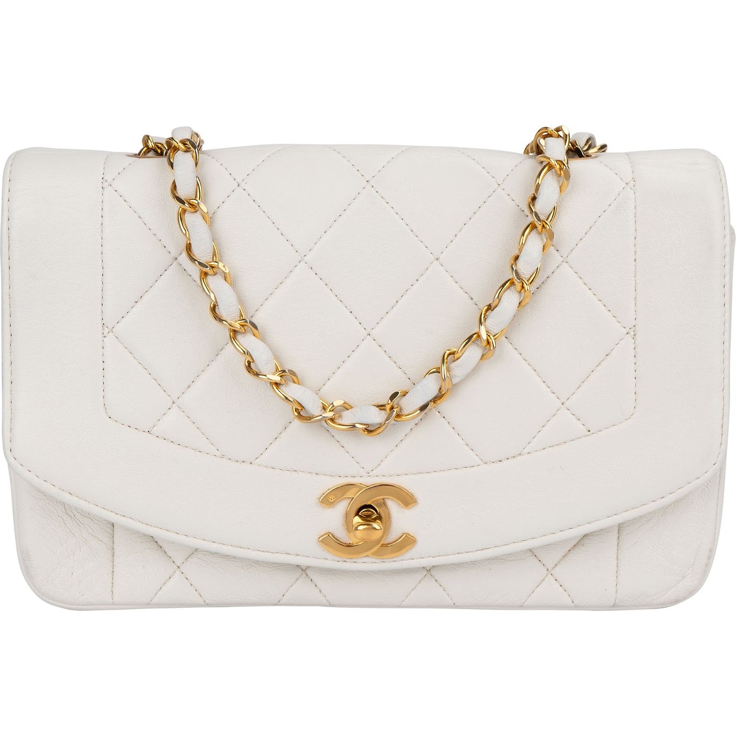 Chanel Quilted Lambskin 24K Gold Single Flap Diana Crossbody Bag