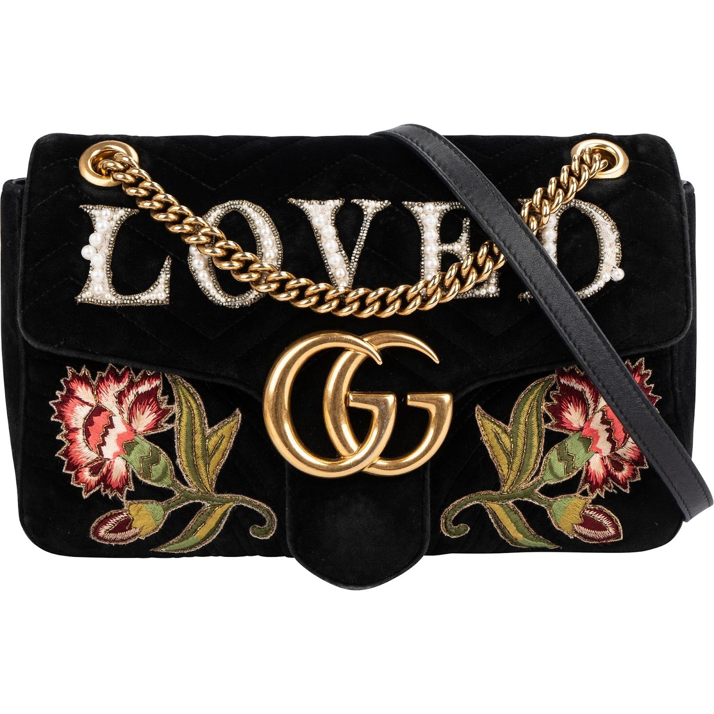 Gucci Monogram Velvet Small GG Marmont 'Loved' Embroidered Shoulder Crossbody Bag