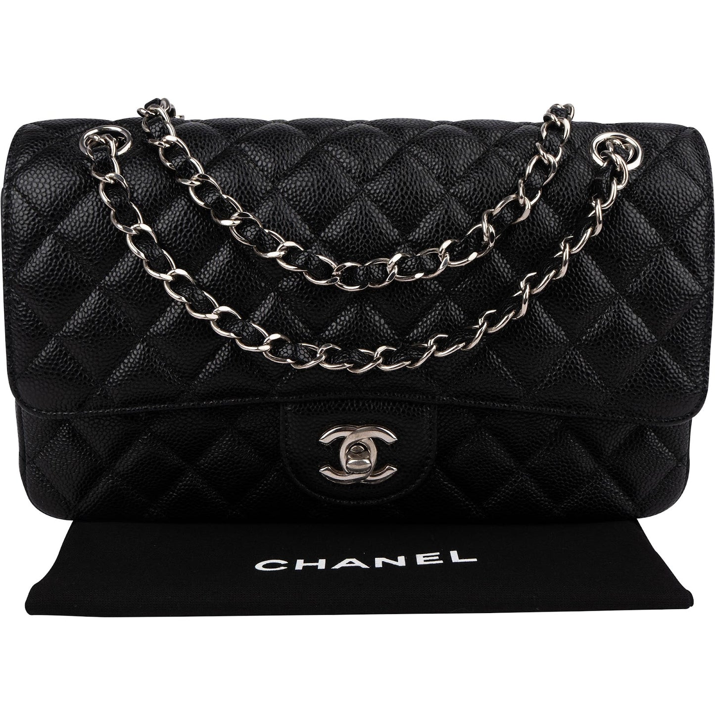 Chanel Quilted Caviar Leather Palladium Medium Double Flap Shoulder Bag