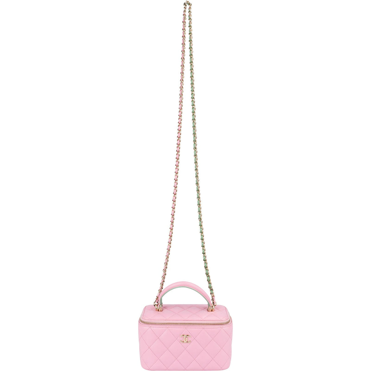 Chanel Pink Green Bicolor Quilted Lambskin Top Handle Vanity Case Crossbody Handbag