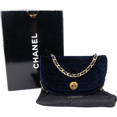 Chanel Chevron Velvet Half Moon Single Flap Crossbody Bag