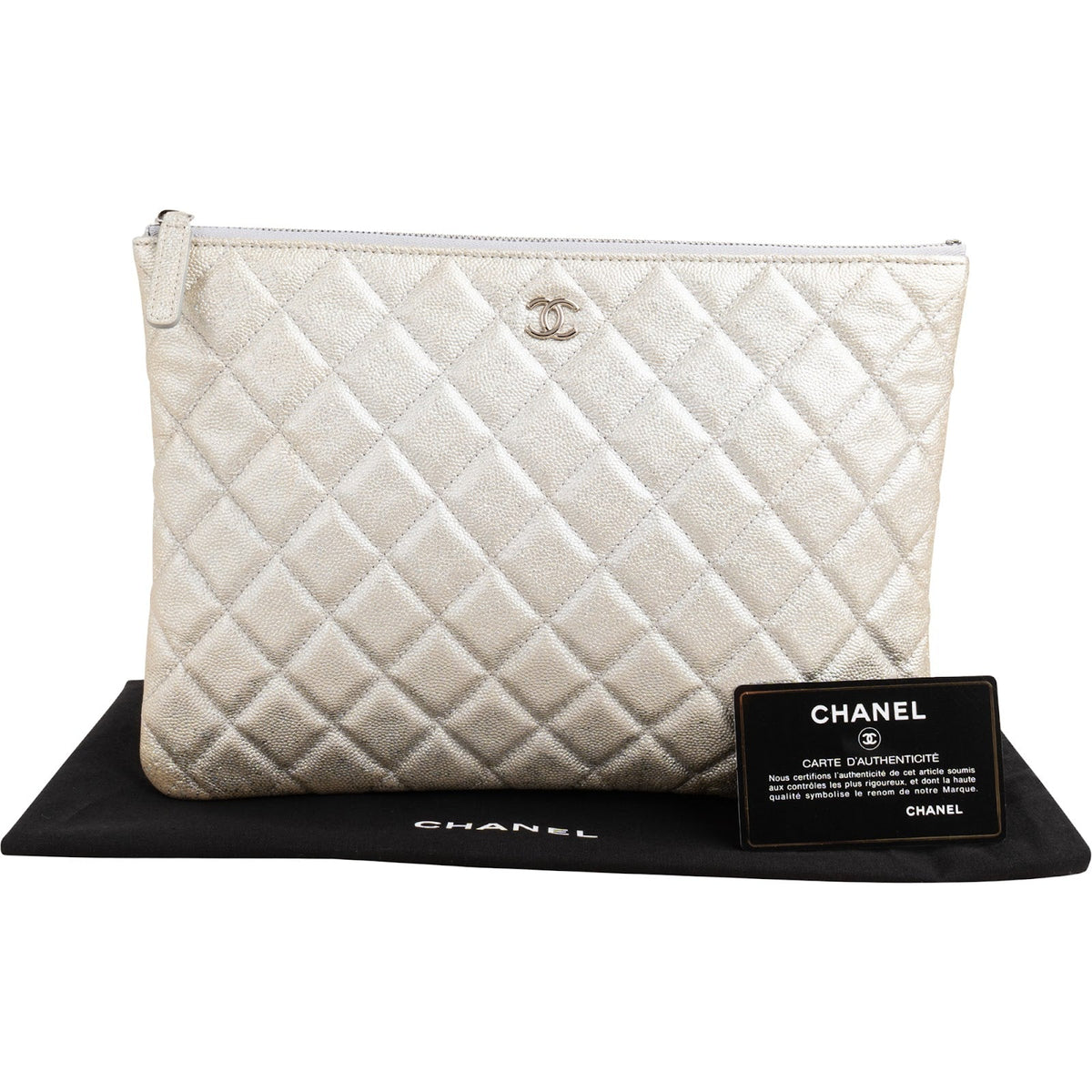 Chanel Quilted Metallic Glittered Caviar Leather CC Clutch