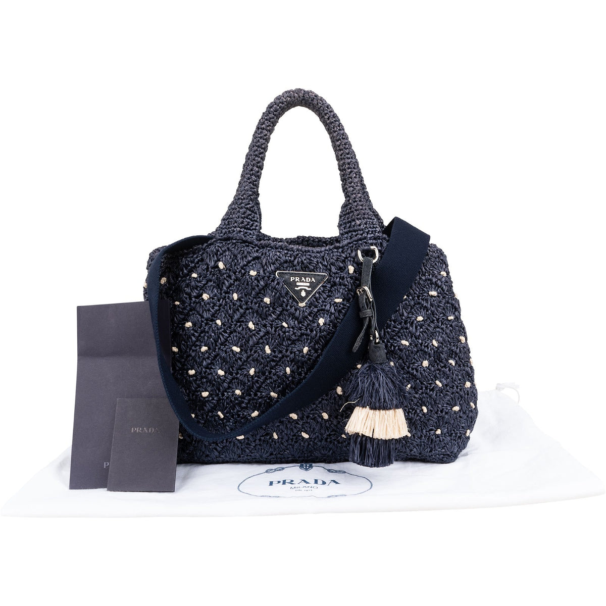 Prada Woven Raffia Polka-Dot Tote Shoulder Handbag