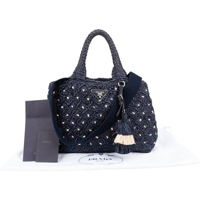 Prada Woven Raffia Polka-Dot Tote Shoulder Handbag