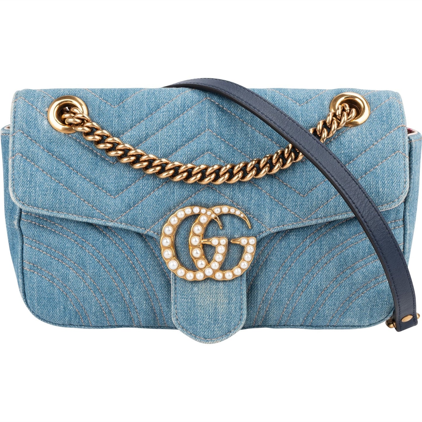 Gucci Denim Matelassé Denim Pearl GG Marmont Crossbody Bag