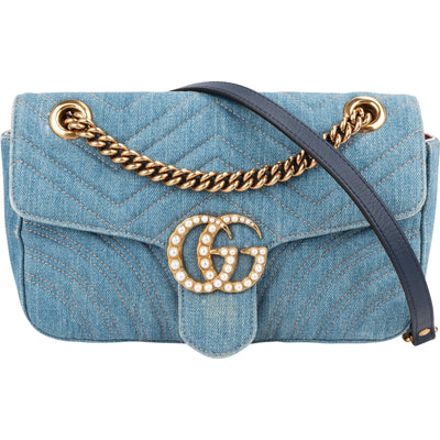 Gucci Denim Matelassé Denim Pearl GG Marmont Crossbody Bag