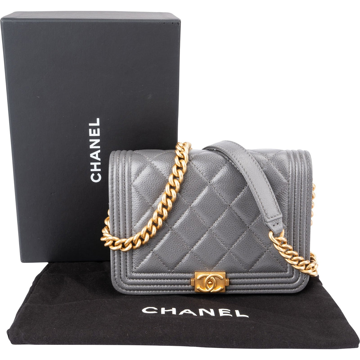 Chanel Quilted Caviar Leather Small Boy Mini Wallet On Chain Crossbody Bag