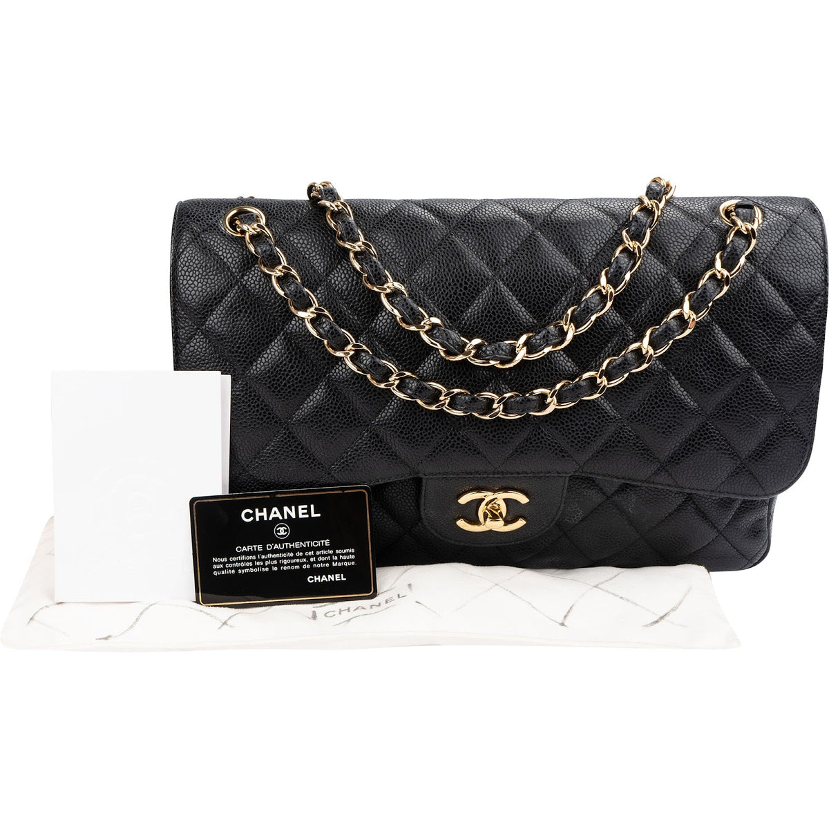 Chanel Quilted Caviar Leather Gold Jumbo Double Flap Crossbody Bag