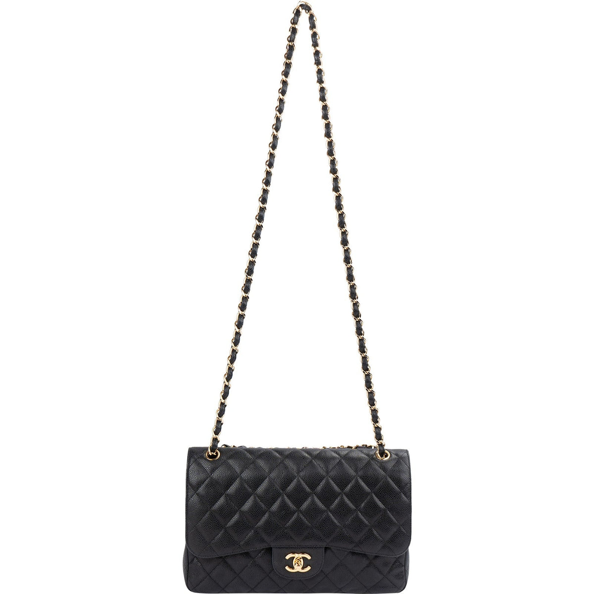 Chanel Quilted Caviar Leather Gold Jumbo Double Flap Crossbody Bag