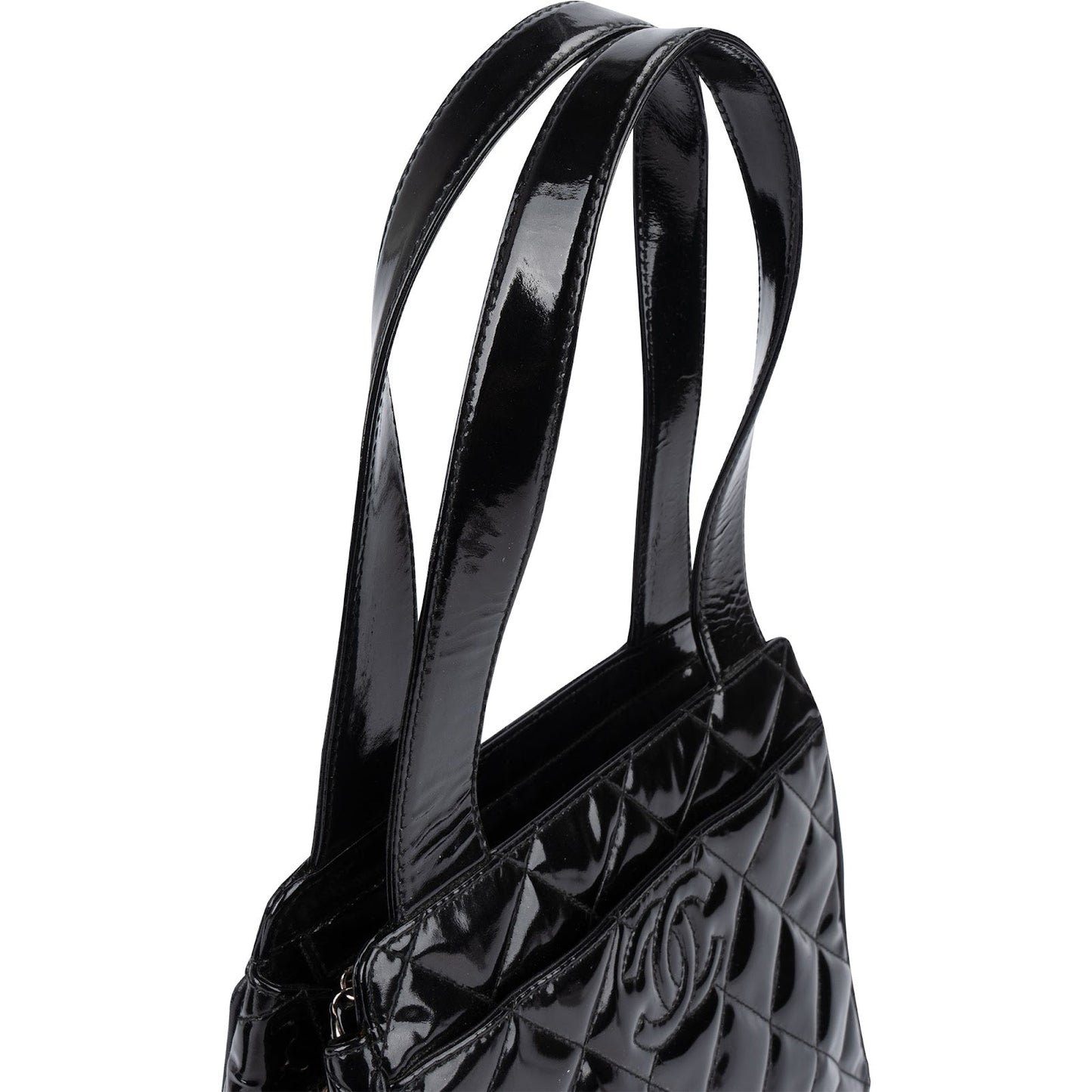 Chanel Quilted Patent Leather CC Small Tote Handbag