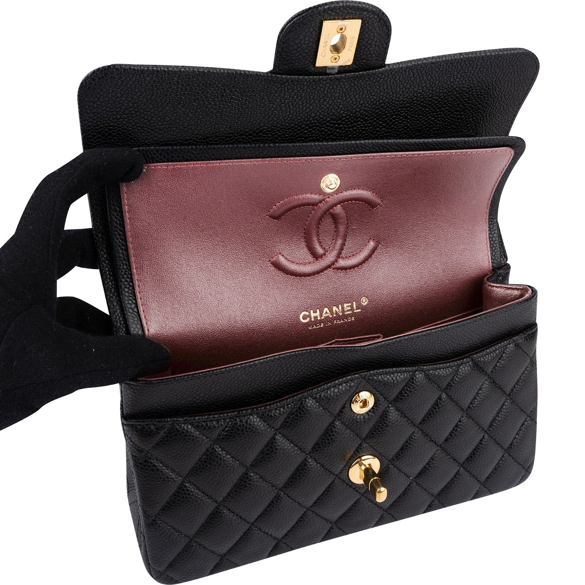 Chanel Quilted Caviar Leather Gold Small Double Flap Shoulder Bag