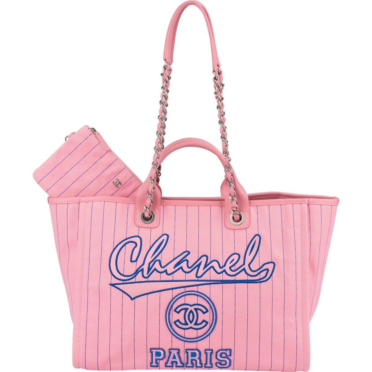 Chanel Canvas Pinstripe Baseball Bicolor Deauville Tote Shopper Shoulder Bag