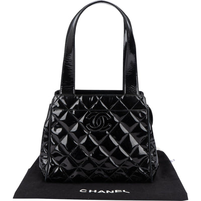 Chanel Quilted Patent Leather CC Small Tote Handbag