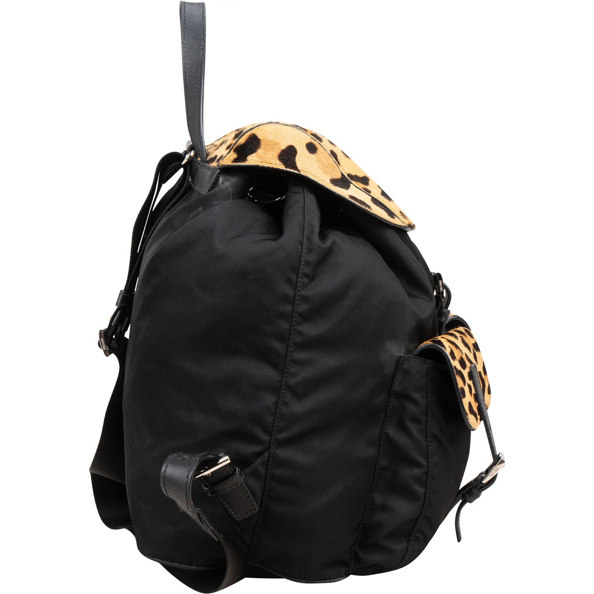 Prada Leopard Print Animal Hair Triangle Multipoket Drawstring Backpack