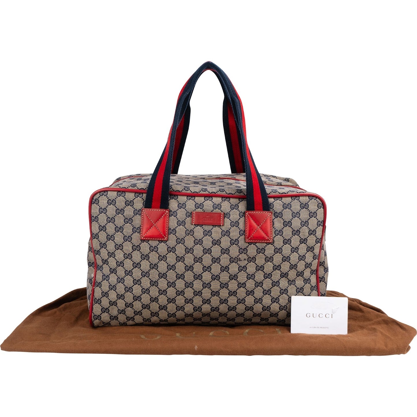 Gucci Monogram GG Plus Canvas Web Stripe Boston 40 Handbag