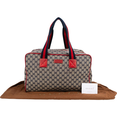 Gucci Monogram GG Plus Canvas Web Stripe Boston 40 Handbag