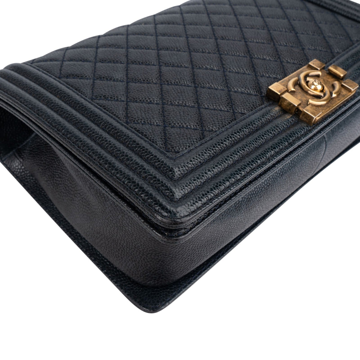 Chanel Quilted Navy Caviar Leather Large Boy Single Flap Crossbody Bag