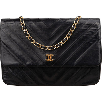 Chanel Chevron Lambskin 24K Gold Single Flap Shoulder Bag