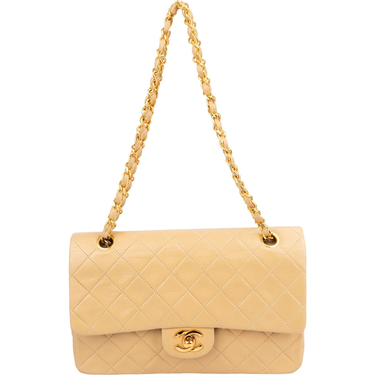Chanel Quilted Lambskin 24K Medium Gold Double Flap Shoulder Bag
