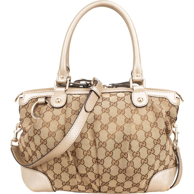 Gucci Monogram GG Canvas Metallic Leather Sukey Handbag