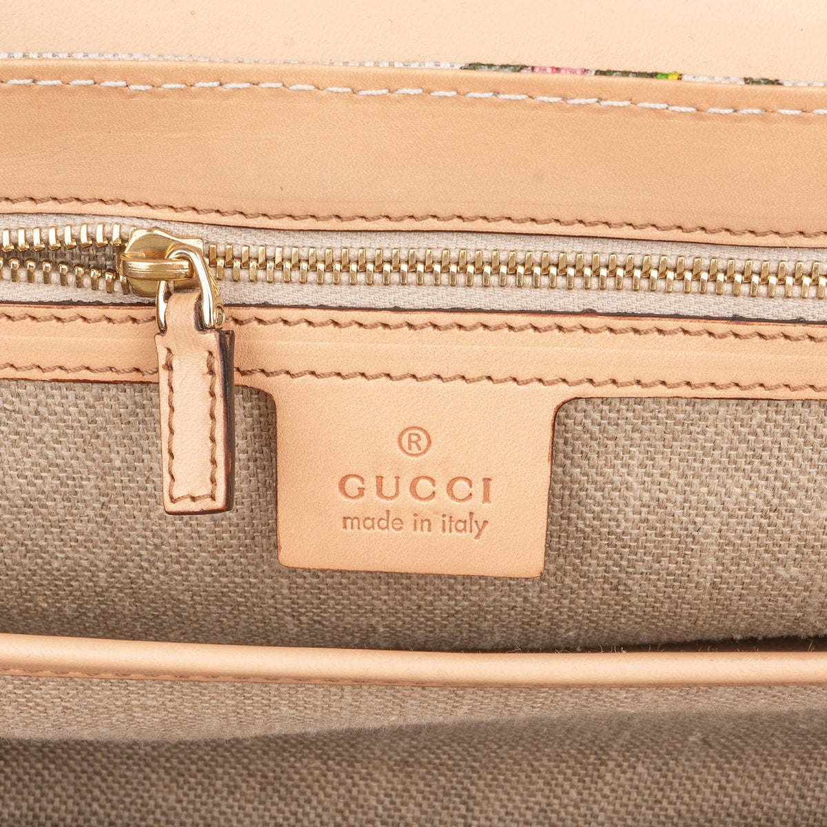 Gucci Rose Leather Flora Print Canvas Bamboo Top Handle Handbag